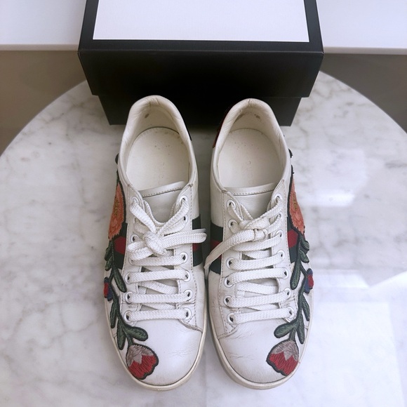 Gucci Leather Ace Floral Embroidered Sneakers 36 - Picture 3 of 5